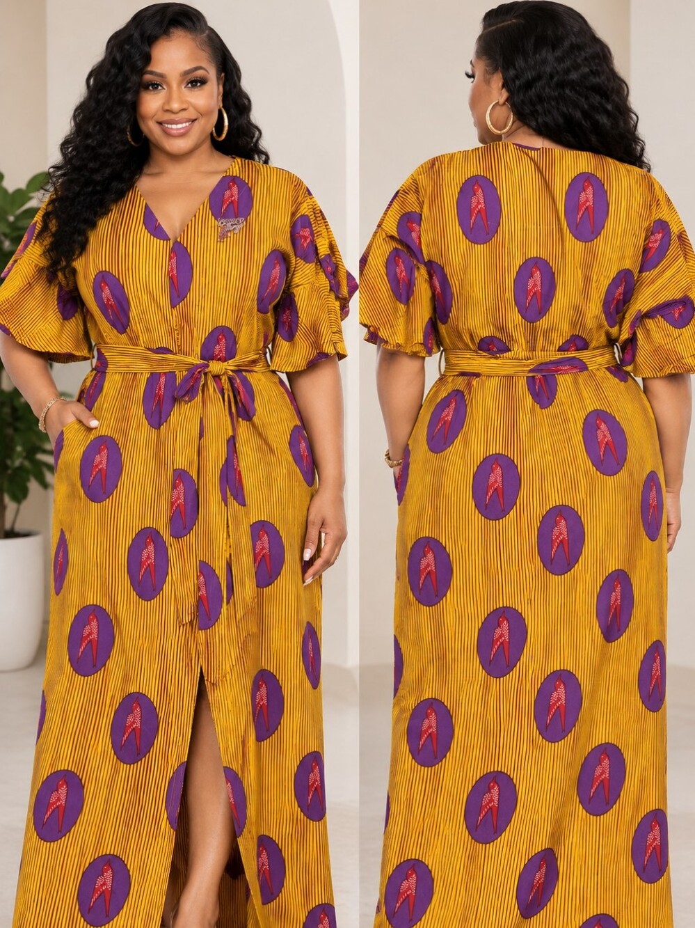 Beautiful handmade African print wrap-style maxi dress/robe featuring a vibrant